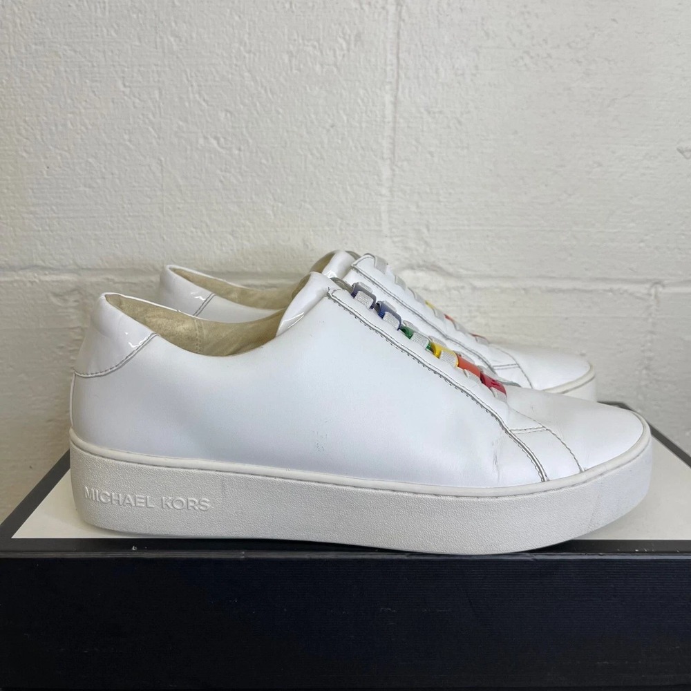Michael Kors Cameron Rainbow Lacer‎ Keepers White Leather Sneakers Women's 9.5 M